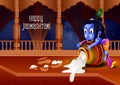 Lord Krishna eating makhan cream on Happy Janmashtami holiday Indian festival greeting background