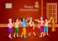 Lord Krishna eating makhan cream on Happy Janmashtami holiday Indian festival greeting background