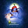 Lord Krishna eating makhan cream on Happy Janmashtami holiday Indian festival greeting background Royalty Free Stock Photo