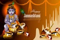 Lord Krishna eating makhan cream on Happy Janmashtami holiday Indian festival greeting background