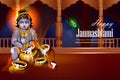 Lord Krishna eating makhan cream on Happy Janmashtami holiday Indian festival greeting background