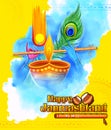 Lord Krishna playing bansuri flute in Happy Janmashtami festival background of India