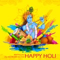 Lord Krishna playing flute in Happy Holi background