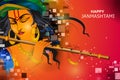 Lord Krishna playing flute on Happy Janmashtami holiday Indian festival greeting background