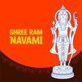 Lord Rama with bow arrow with Hindi text meaning Shree Ram Navami celebration background for religious holiday of India