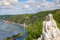 Loreley figure and Rhine valley Landscape and Sankt Goarshausen Royalty Free Stock Photo