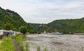 Loreley, Germany - May 24, 2019: Caravans and recreational vehicles camp on the banks of the Rhine River in the Rhine River Gorge Royalty Free Stock Photo