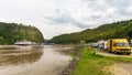 Loreley, Germany - May 24, 2019: Caravans and recreational vehicles camp on the banks of the Rhine River in the Rhine River Gorge Royalty Free Stock Photo