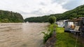 Loreley, Germany - May 24, 2019: Caravans and recreational vehicles camp on the banks of the Rhine River in the Rhine River Gorge Royalty Free Stock Photo