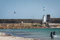 June 24, 2023, Balneario, Tarifa, Spain - Lorenzo Casati jumping and looping the Cabrinha Drifter kite. Did triple loop magaloop