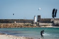 June 24, 2023, Balneario, Tarifa, Spain - Lorenzo Casati jumping and looping the Cabrinha Drifter kite. Did triple loop magaloop