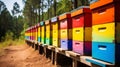 lorful beehives neatly arranged in rows at the apiary