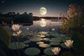 lorful Lake with Glowing Lily Pads and Moon