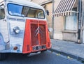 Loriol sur Drome, France - 17 September , 2022: Front of an old white and red Citroen van type Hce.