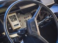 Vintage beige Citroen 2CV with fabric hinged top. Classic car exhibition in Loriol sur Drome, France. Royalty Free Stock Photo