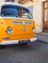 Loriol sur Drome, France - 17 September , 2022: Vintage yellow Volkswagen camper T2 Westfalia on the street.