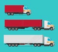 Lorry or cargo truck and delivery automobiles or vehicle with container boxes vector set, flat cartoon freight industry
