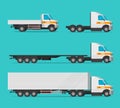 Lorry or cargo truck and delivery automobiles or vehicle vector set, flat cartoon freight industry transport, large Royalty Free Stock Photo