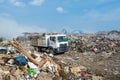 Lorry at the huge garbage dump full of smoke, litter, plastic bottles,rubbish and trash at the Thilafushi local tropical island