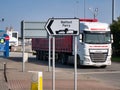 A lorry leaving the Stena Line roll on - roll off Liverpool to Belfast ferry Terminal in Birkenhead, Wirral