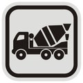 Lorry, concrete mixer truck, black and gray frame, button, vector icon