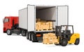 Lorry with parcels and forklift truck with cardboard boxes. Freight transportation, delivery concept, 3D rendering Royalty Free Stock Photo