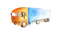 Lorry truck with orange cab and blue bodywork in watercolor style isolated on white background