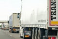 Lorry trucks moving on the highway, July 2021, Prague. Czech Republic