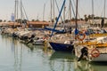 LOS ALCAZARES, SPAIN - FEBRUARY 25, 2019 Nice boats in a small marina in a seaside town, Mas Menor, Spain