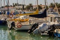 LOS ALCAZARES, SPAIN - FEBRUARY 25, 2019 Nice boats in a small marina in a seaside town, Mas Menor, Spain