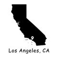 Los Angeles on California State Map. Detailed CA State Map with Location Pin on City of LA. Black silhouette vector L.A. map isola