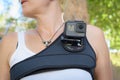 LOS ANGELES, CA - November 4: Woman Wearing A GoPro HERO5 Black On A Chest Harness November 4, 2016.