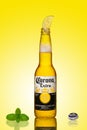 Bottle of fresh beer, cold beer Corona Extra lime and mint.