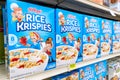 Los Angeles, CA/USA 08/21/2019 Packages of Kellogg`s Brand Frosted Krispies rice cereal for sale in a supermarket aisle