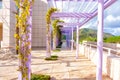 Los Angeles, California - January 6, 2023: Steel Purple Pergola at the Getty Center on a Rainy Day