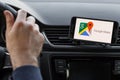 LOS ANGELES, CALIFORNIA - JUNE 6, 2019: Close up to male driving and using navigation appliction Google Maps. Get direction. An Royalty Free Stock Photo