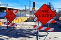 Los Angeles, California: Lane Closed sign for road works Royalty Free Stock Photo