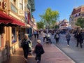 Families walking along the main street from the entrance to Universal Studios, Los Angeles, California