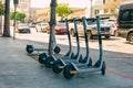 Metro bikes are parked on the sidewalk on sunset boulevard in West Hollywood. Street view, city life