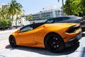 Los Angeles, California USA - April 14, 2021: yellow Lamborghini Aventador side view. Royalty Free Stock Photo