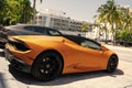 Los Angeles, California USA - April 14, 2021: yellow Lamborghini Aventador side view. Royalty Free Stock Photo