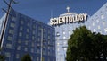 Church of Scientology exterior, facade of blue building, logo and cross. Los Angeles California USA