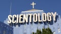 Church of Scientology exterior, facade of blue building, logo and cross. Los Angeles California USA