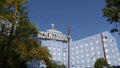 Church of Scientology exterior, facade of blue building, logo and cross. Los Angeles California USA