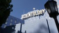 Church of Scientology exterior, facade of blue building, logo and cross. Los Angeles California USA