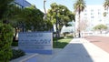 Church of Scientology exterior, facade of blue building, sign on street. Los Angeles California USA.