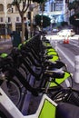 Bicycle parking in downtown Los Angeles next to the road. Bicycles for rent Royalty Free Stock Photo