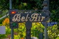 Los Angeles, California, USA, JUNE, 15, 2018: Outdoor view of Bel Air sign in a metallic structure with a building