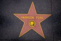 Los Angeles, California, USA, JUNE, 15, 2018: Outdoor view of Harrison Ford`s star on Hollywood Walk of Fame in Royalty Free Stock Photo