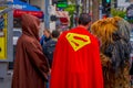 Los Angeles, California, USA, JUNE, 15, 2018: Outdoor view of unidentified people wearing different costumes, a superman